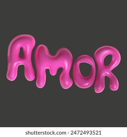 Hand lettering, love calligraphy design. Vector 3D inscription pink amor. Modern 3d pink letters. Letters in the form of bubbles on a black background