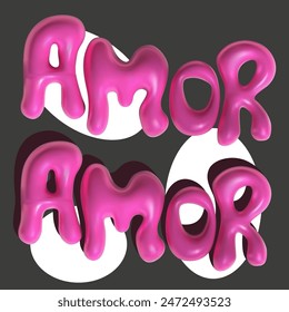 Hand lettering, love calligraphy design. Vector 3D inscription pink amor. Modern 3d pink letters. Letters in the form of bubbles on a black background