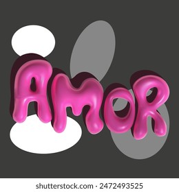 Hand lettering, love calligraphy design. Vector 3D inscription pink amor. Modern 3d pink letters. Letters in the form of bubbles on a black background