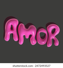 Hand lettering, love calligraphy design. Vector 3D inscription pink amor. Modern 3d pink letters. Letters in the form of bubbles on a black background