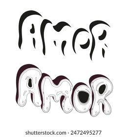 Hand lettering, love calligraphy design. Vector flat line inscription amor. Modern black and white letters. Letters in the form of bubbles on a white background