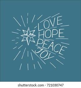 Hand Lettering Love, Hope, Peace, Joy. Biblical Background. Christian Poster. Modern Calligraphy. Card.