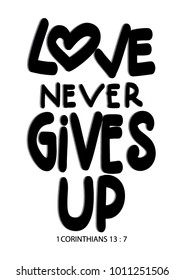 Hand Lettering Love Never Gives Up On White Background. Modern Calligraphy, Christian Poster