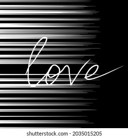 hand lettering love with shadow and horizontal stripes with shadow black and white vector pattern