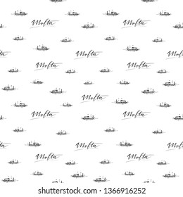 Hand lettering Malta pattern with sketches of boat and seagulls. Handlettering background for paper, fabric, travel cards, travel signs, clothes