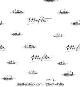 Hand lettering Malta pattern with sketches of boat and seagulls. Handlettering background for paper, fabric, travel cards, travel signs, clothes