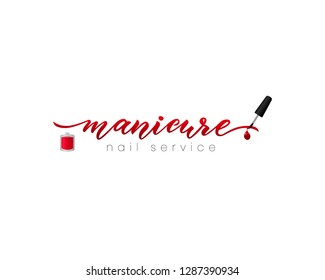 Hand lettering Manicure. Nail service. Red nail polish. Vector illustration. As logotype of nail studio, art school, inscription of package product, flyer, banner, brochure, business card