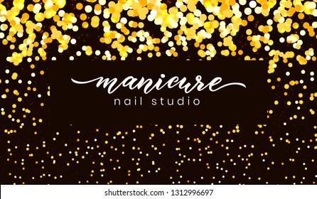 Hand lettering Manicure. Nail studio. On dark background with golden effect. Vectori llustration. Logo  nail studio, art school, inscription of package product, flyer, banner, brochure, business card