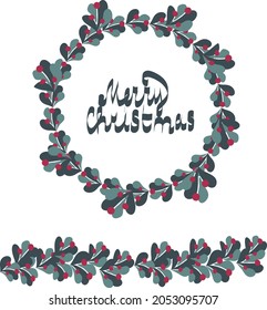 
hand lettering merry christmas ,christmas wreath of twigs and berries
