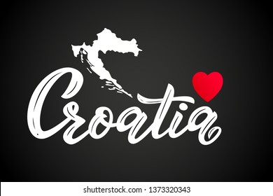 Hand lettering modern calligraphy word Croatia with red heart and silhouette of map. Typography Vector illustration. Print, logo, badge, icon, card, sticker poster invitation banner template