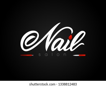 Hand lettering Nail salon on black background with nail tools. Isolated. Vector illustration. As logotype of studio, art school, inscription of package product, flyer, banner, brochure, business card