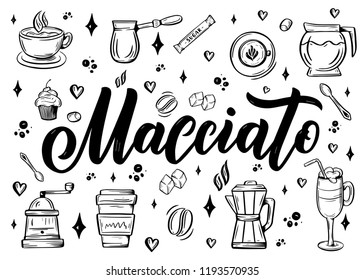 Hand lettering name of coffee with sketch for coffee shop or cafe. Hand drawn vintage typography phrase, isolated on white background. Vector