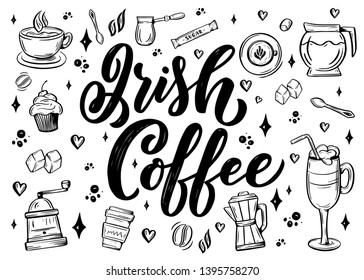 Hand lettering name of coffee with sketch for coffee shop or cafe. Hand drawn vintage typography phrase, isolated on white background. Vector