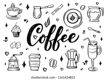 Hand lettering name of coffee with sketches for coffee shop or cafe. Hand drawn vintage typography collection isolated on white background. Vector