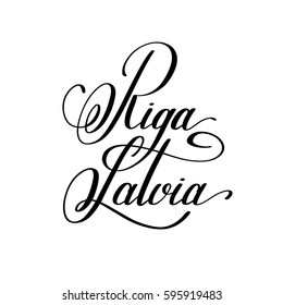hand lettering the name of the European capital - Riga Latvia for postcard, travel poster, historic maps and promotional materials of the travel agency, calligraphic vector illustration