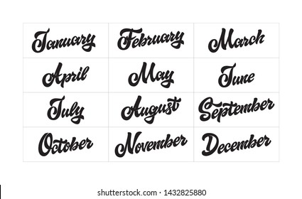 Hand lettering names of the months to design a calendar, diary, logo or poster. Black inscriptions isolated on white background.