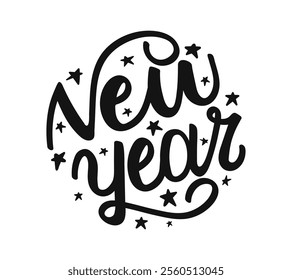 Hand lettering New Year in circle shape. Black color typography design illustration