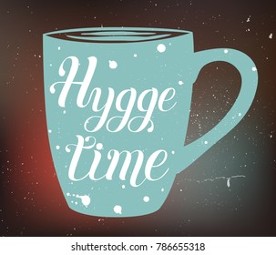 Hand lettering on gradient background with the cup of tea and texture. Belong to the moment and enjoy of simple things concept. Vector isolated illustration
