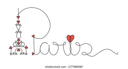 letras a mano de París y la Torre Eiffel, caligrafía moderna, arte lineal colorido, amor en París, ilustración vectorial