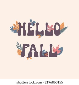 Handschrift Phrase Hallo Herbst mit Herbstblätter auf beigem Hintergrund.