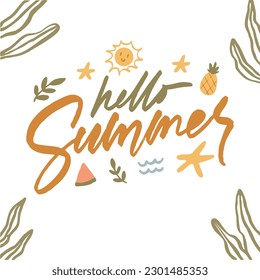 Hand lettering phrase Hello Summer with a retro fun style vector. Isolated on a white background.
