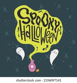 Palabra con letras de mano Spooky Halloween volando fuera de la botella de poción rodeada por lindos fantasmas de dibujos animados espeluznantes. Dibujo a mano para las vacaciones de otoño. Tarjeta de saludo, afiche, diseño de invitación