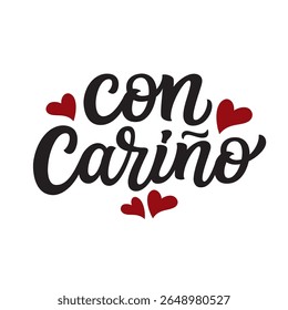  Hand lettering phrase 'With Love' in spanish with hearts isolated on white background. Vector typography for Valentine's day decorations, cards, poster, banner
