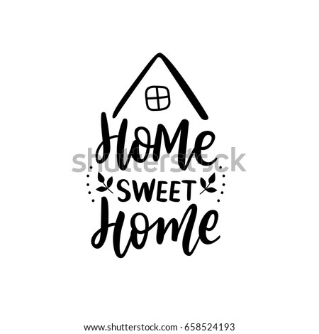 Hand Lettering print for textile. Hand lettering sweet home. Black calligraphy with house. Foto stock © 