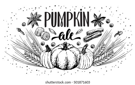 Hand Lettering Pumpkin Ale. Coffee restaurant brochure vector, coffee shop menu design. Vector cafe template with hand-drawn graphic.Raw material for brewing. Pub menu.