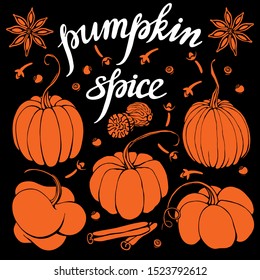Hand Lettering Pumpkin Spice. Coffee restaurant brochure vector, coffee shop menu design. Vector cafe template with hand-drawn graphic. Coffee flyer.
