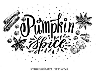 Hand Lettering Pumpkin Spice. Coffee restaurant brochure vector, coffee shop menu design. Vector cafe template with hand-drawn graphic. Coffee flyer.