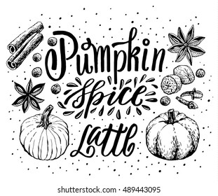 Hand Lettering Pumpkin Spice Latte. Coffee restaurant brochure vector, shop menu design. Vector cafe template with hand-drawn graphic. 
