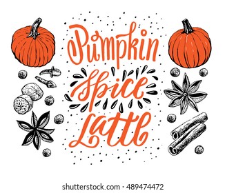 Hand Lettering Pumpkin Spice Latte. Coffee restaurant brochure vector, coffee shop menu design. Vector cafe template with hand-drawn graphic. Coffee flyer.