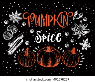 Hand Lettering Pumpkin Spice Latte. Coffee restaurant brochure vector, coffee shop menu design. Vector cafe template with hand-drawn graphic. Coffee flyer. Ã�Â¡halk, board,graphite.