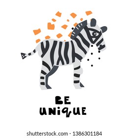 Hand lettering quote - Be Unique - with different illustrations around. Unique poster for your designs:t-shirts,bags,posters,merch.