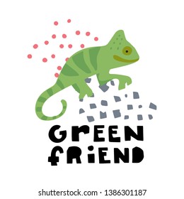 Hand lettering quote - Green Friend - with different illustrations around. Unique poster for your designs:t-shirts,bags,posters,merch.