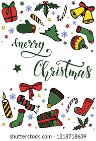 Hand lettering quote 'Merry Christmas' surrounded by hand drawn christmas doodles on white background. Greeting card, poster, banner, postcard, print, invitation template. Vector illustration EPS 10.