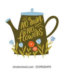 Hand lettering quote. No rain no flowers. Summer cute illustration. Stylized illustration of a funnel with flowers. Design for greeting card, poster, fabric. I love you berry much.