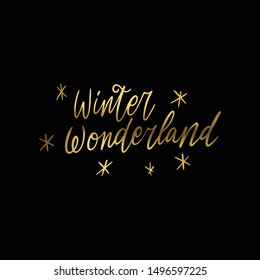 Hand lettering quote - Winter Wonderland - with shiny golden glitter texture. Unique vector script poster. Custom typography print for cards,t hirts,bags,posters,merch,banners.