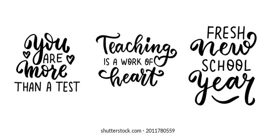 Hand lettering quotes set about teaching. Hand lettering overlays for poster, tag, cards. Kindergarten teacher, tutor, instructor, mentor text vector isolated brush calligraphy bundle
