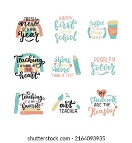 Hand lettering quotes stickers set about teaching. Kindergarten teacher, tutor, instructor, mentor phrases. Problem solver. My students is the reason. Teaching is a work of the heart. Love teaching