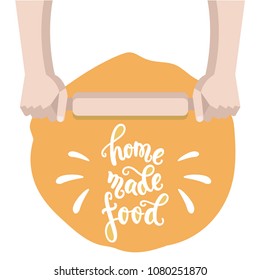 Hand lettering “homemade food”, rolling dough process illustration