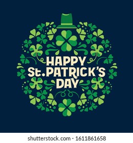 Hand lettering Saint Patrick's Day greetings card with clover shapes and branches vector