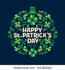 Hand lettering Saint Patrick's Day greetings card with clover shapes and branches vector