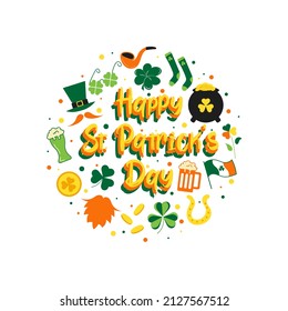Hand lettering Saint Patrick's Day greetings card with shamrok, hat, mustache, coins, treasure, pot, horseshoe, beer, pipe. Design elements for banner, card, poster. Pop art style