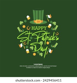 Hand lettering Saint Patrick's Day greetings card with clover leaves and hat vector. St.Patrick's Day concept. Vector Illustration