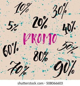 Hand lettering Sale discount promo numbers and percent symbols on an abstract colourful background. Design for shops, stores, Black Friday and promotion. 