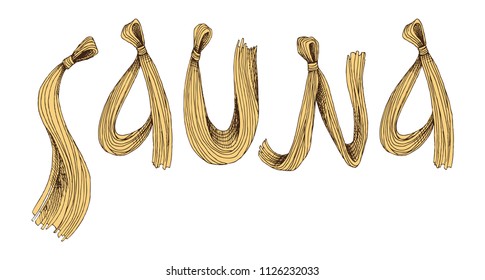 Hand lettering sauna for Russian bath for body hygiene. Set of accessories for bath, sauna. Hand drawing in sketch style. Isolated object on white background.