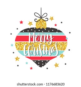 Hand lettering of Seasons Greetings and glitter decoration with christmas ball on background. Vector illustration.