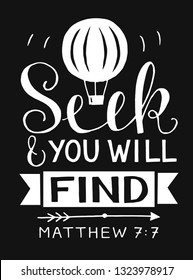 Hand lettering Seek and you will find. Biblical background. Christian poster. Scripture print. Modern calligraphy. Matthew